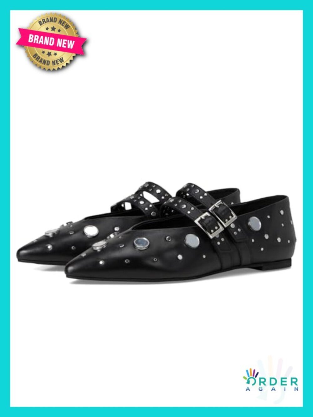 Mirror Embellished Pointed Toe Ballet Flats w/ Buckle Strap - Picture 1 of 6